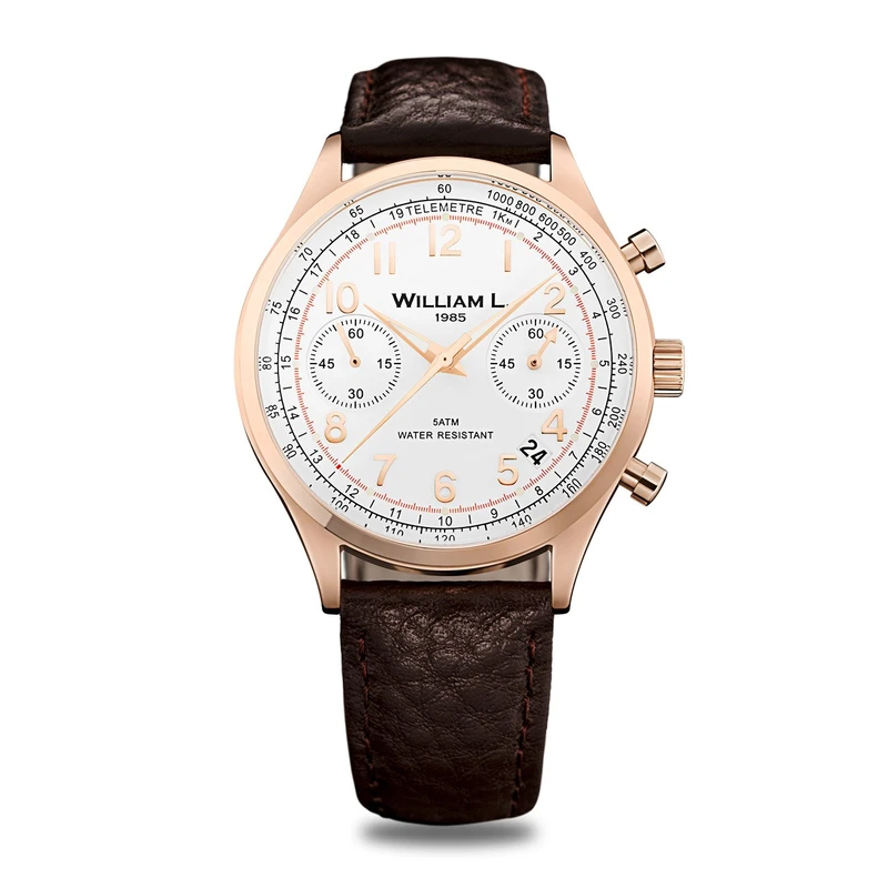 ساعت مچی عقربه ای ویلیام اِل 1985 مدل Vintage Style Chronograph Rose gold Brown Leather