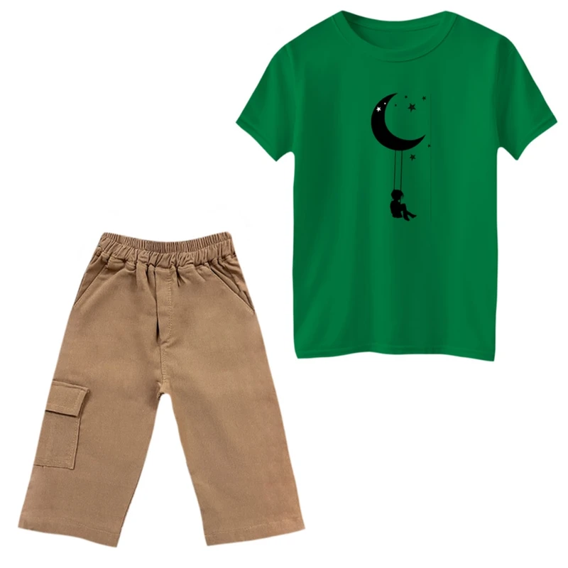 ست تی‌شرت و شلوارک دخترانه مدل ماه و تاب