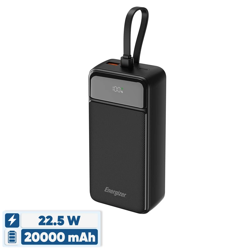 پاوربانک 22.5 وات انرجایزر مدل UE20084PQ ظرفیت 20000 میلی‌آمپرساعت به همراه سه کابل متصل USB-C و لایتنینگ
