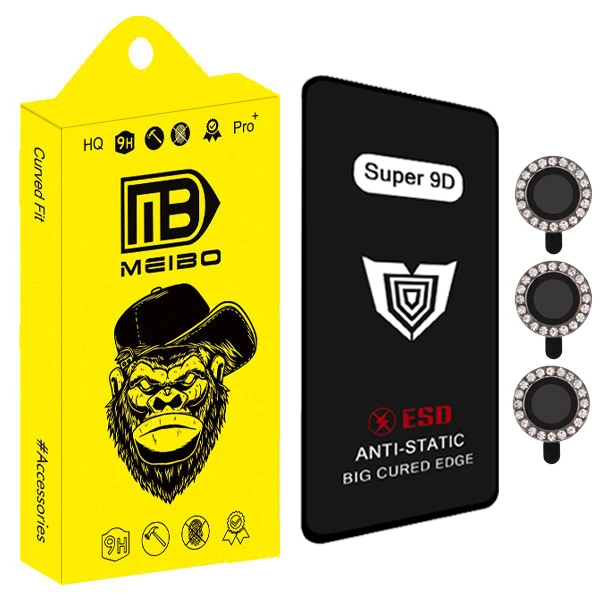 محافظ صفحه نمایش میبو مدل Super 9D مناسب برای گوشی موبایل سامسونگ Galaxy A16 به همراه محافظ لنز دوربین نگین دار