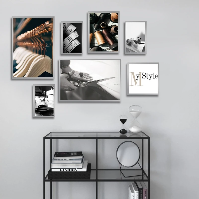 تابلو ساده بکلیت طرح طراحی لباس و لوازم خیاطی مدل شاین اکلیلی SI-2776 فریم نقره ای مجموعه 7 عددی