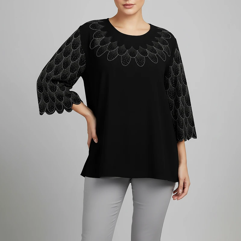 بلوز آستین سه ربع یقه گرد زنانه مدل مجلسی نگین دار