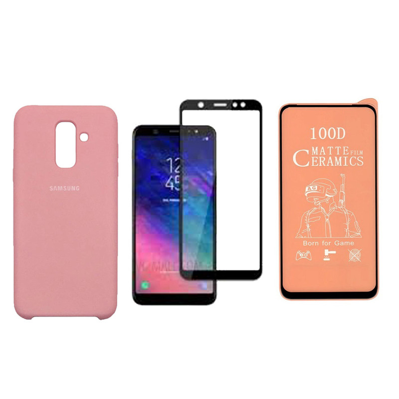کاور مدل سیلیکونی مناسب برای گوشی موبایل سامسونگ Galaxy A6 plus به همراه محافظ صفحه نمایش مجموعه 2 عددی
