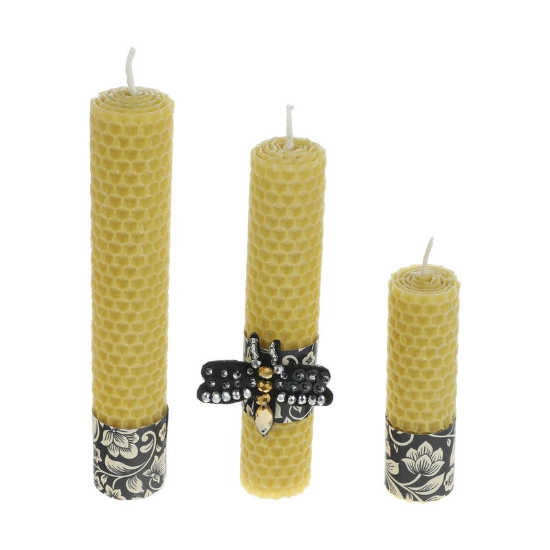 شمع بیزوکس گالری شمرون مدل موم زنبور کد  CND3B107YBE مجموعه سه عددی