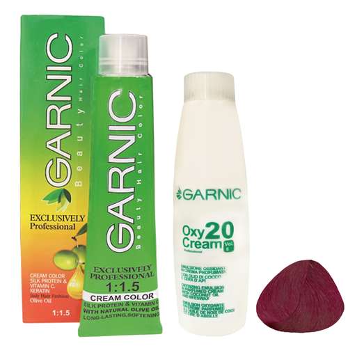 رنگ مو گارنیک شماره F24 حجم 120 میلی لیتر رنگ هایلایت قرمز شرابی به همراه اکسیدان مدل 20vol شش درصدی حجم 180 میلی لیتر