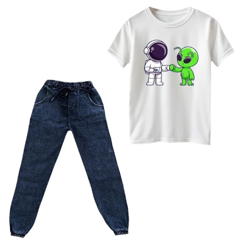 ست تی‌شرت و شلوار دخترانه مدل  فضانورد و آدم فضایی  رنگ سفید