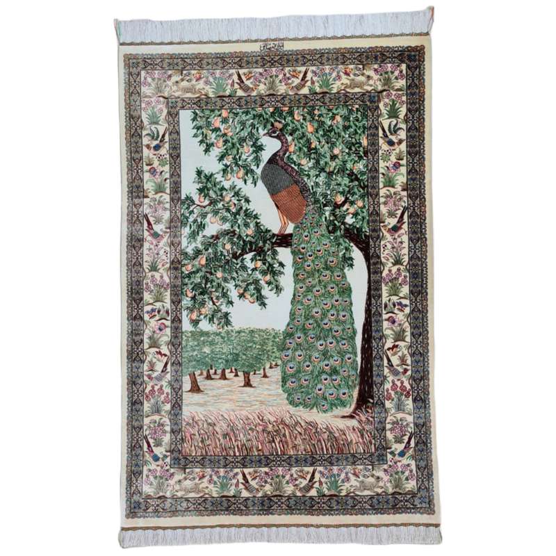 فرش دستباف یک و نیم متری طرح طاووس کد 1525