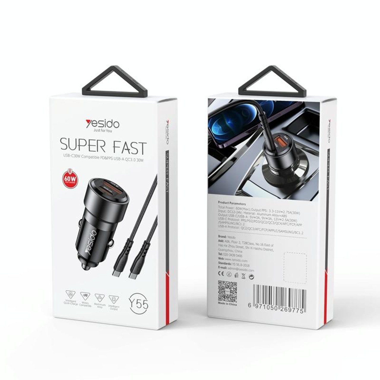 شارژر فندکی 60 وات یسیدو مدل Y55 به همراه کابل USB-C