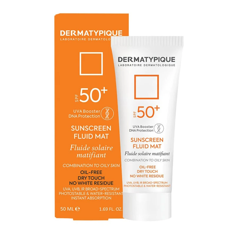 فلوئید ضد آفتاب بی‌رنگ صورت درماتیپیک SPF50 مدل FLUID MAT محافظ در برابر UVA,UVB مناسب برای پوست چرب حجم  50 میلی لیتر