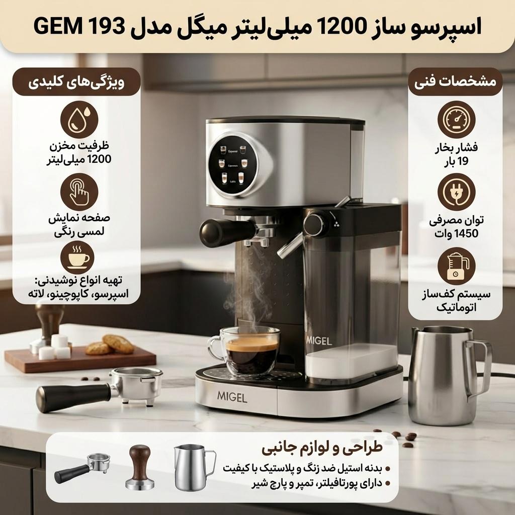 اسپرسو ساز 1200 میلی‌لیتر میگل مدل GEM 193