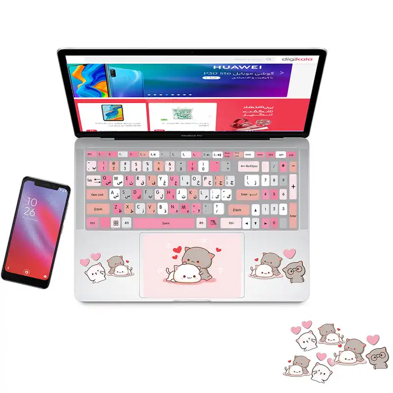 استیکر لپ تاپ مدل cute cat 03 مناسب برای لپ تاپ 15 تا 17 اینچ به همراه برچسب حروف فارسی کیبورد