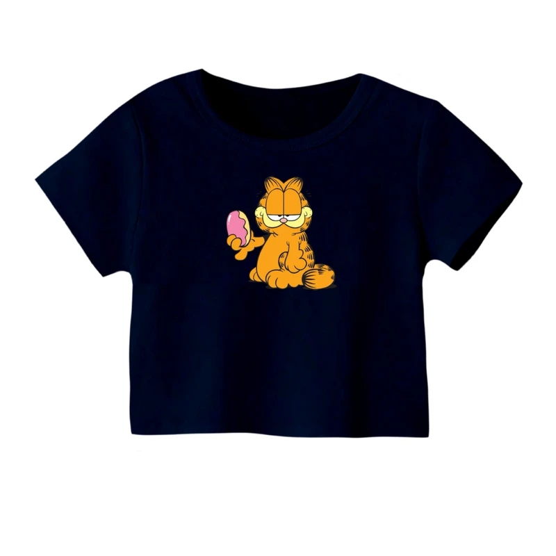 کراپ‌ تی‌شرت آستین کوتاه زنانه مدل گارفیلد کد 03 رنگ سرمه ای