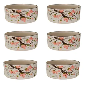 کاسه سفالی مدل استوانه طرح شکوفه هلو بسته ۶ عددی