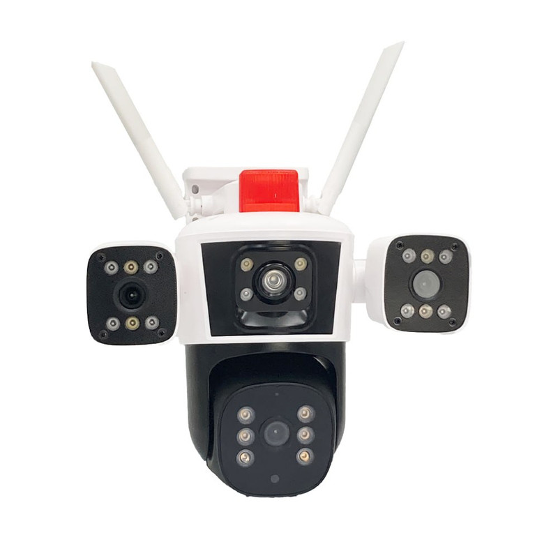 دوربین مداربسته تحت شبکه سیم‌کارتی 3 مگاپیکسلی مدل QQ849-WP-4-4G، دارای 3 لنز، اتصال 4G، چرخش افقی و عمودی، دید در شب، تشخیص حرکت، تعقیب سوژه، مکالمه دوطرفه، پشتیبانی از کارت حافظه Micro SD تا 256 گیگابایت و استاندارد ضدآب IP66