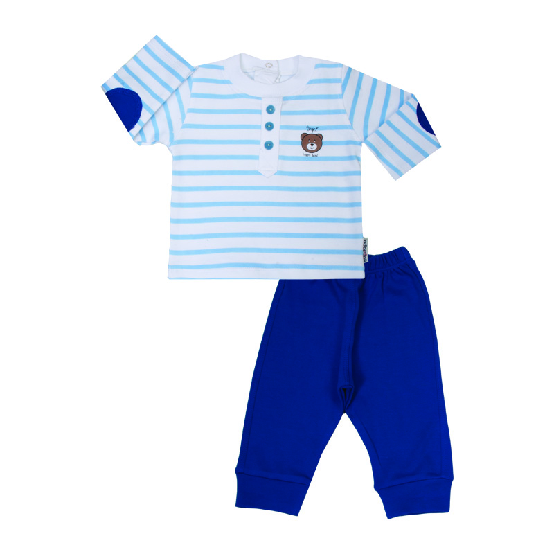 ست تی شرت آستین بلند و شلوار نوزادی آدمک مدل راه راه کله خرس کد 117161 رنگ آبی