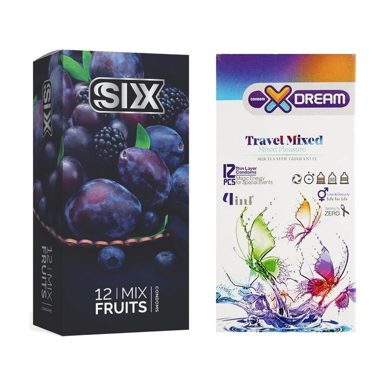 کاندوم سیکس مدل Mix Fruits بسته 12 عددی به همراه کاندوم ایکس دریم مدل Travel Mixed بسته 12 عددی