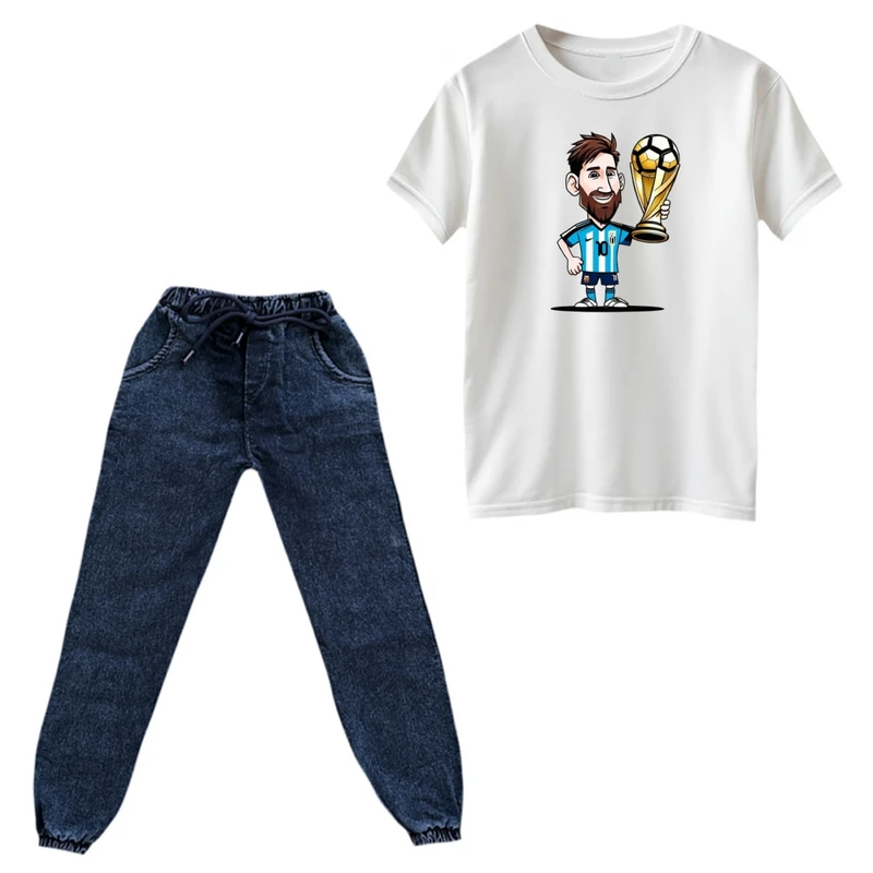 ست تی‌شرت و شلوار پسرانه مدل مسی کد 7 رنگ سفید