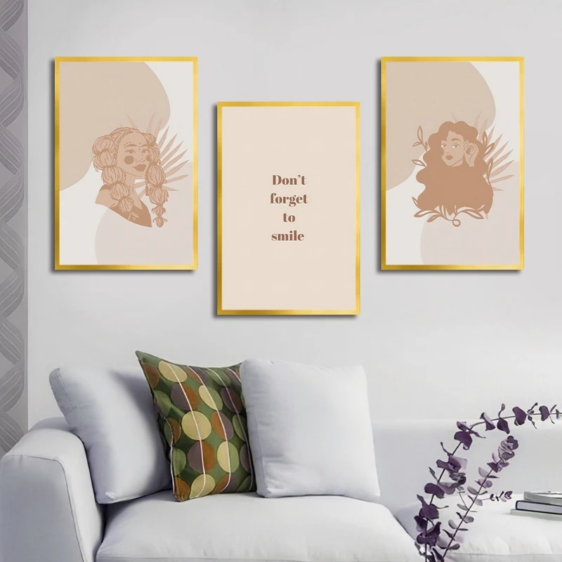 تابلو بکلیت طرح نقاشی مینیمال چهره و جمله انگیزشی مدل شاین اکلیلی T-2272 فریم طلایی مجموعه 3 عددی