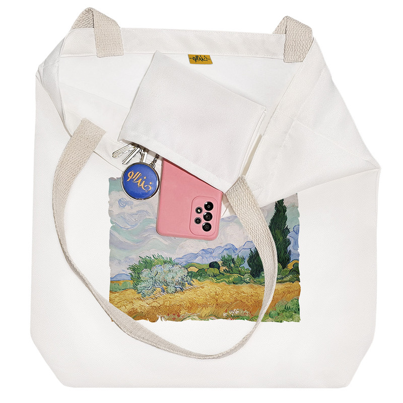 ساک خرید پارچه ای خندالو طرح مزرعه ذرت و سروها ونگوک مدل توت بگ کد 372