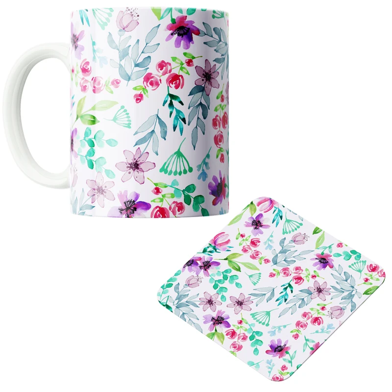 ماگ پاد آفرین مدل بهار طرح گل و برگ کد PZ300 به همراه زیرلیوانی