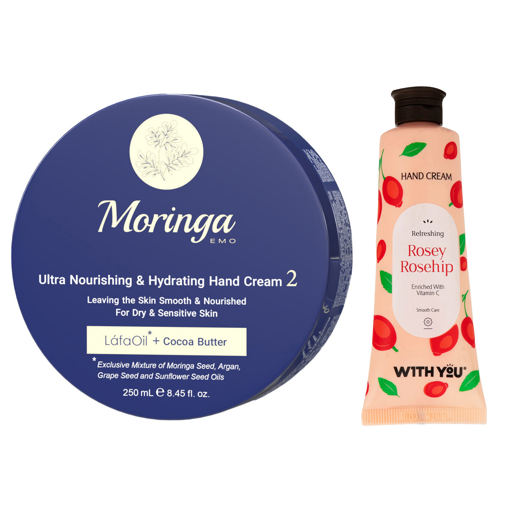 کرم آبرسان مورینگا امو مدل LáfaOil حجم 250 میلی لیتر به همراه کرم مرطوب کننده ویت یو مدل Rosey Rosehip حجم 50 میلی لیتر
