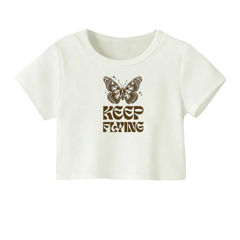 کراپ‌ تی‌شرت آستین کوتاه زنانه مدل پروانه کد 02