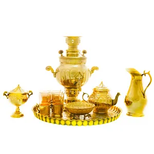 سرویس سماور ذغالی 12 پارچه برنجی مدل عدسی ترک دار کد 4440