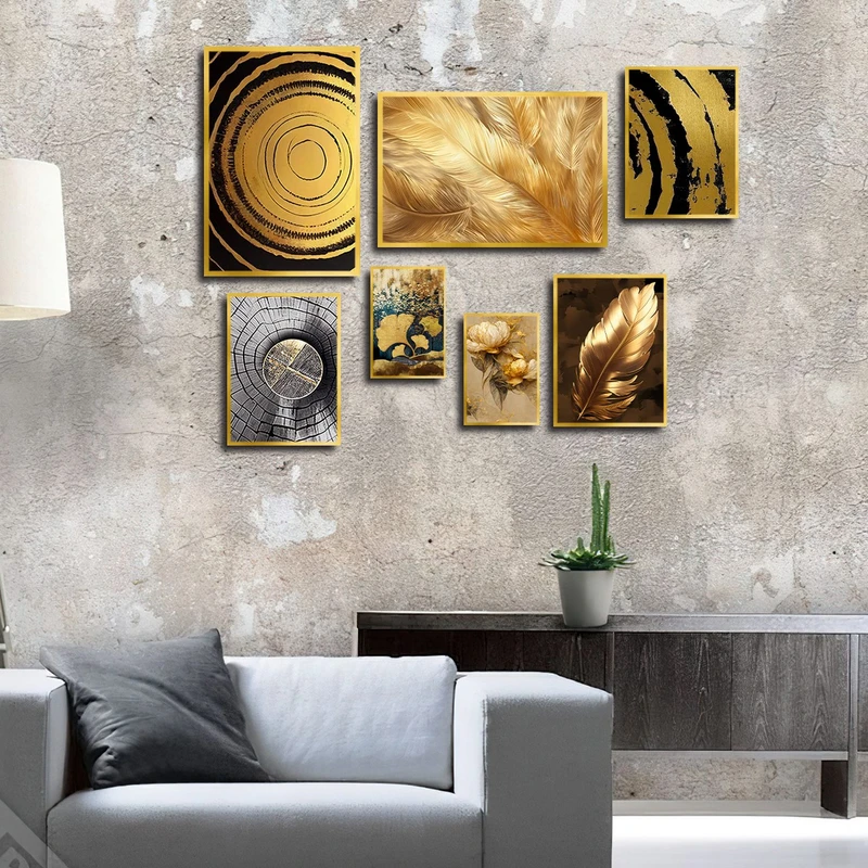 تابلو بکلیت طرح نقاشی خورشید و پر و گل طلایی مدل شاین اکلیلی T-3170 مجموعه 7 عددی