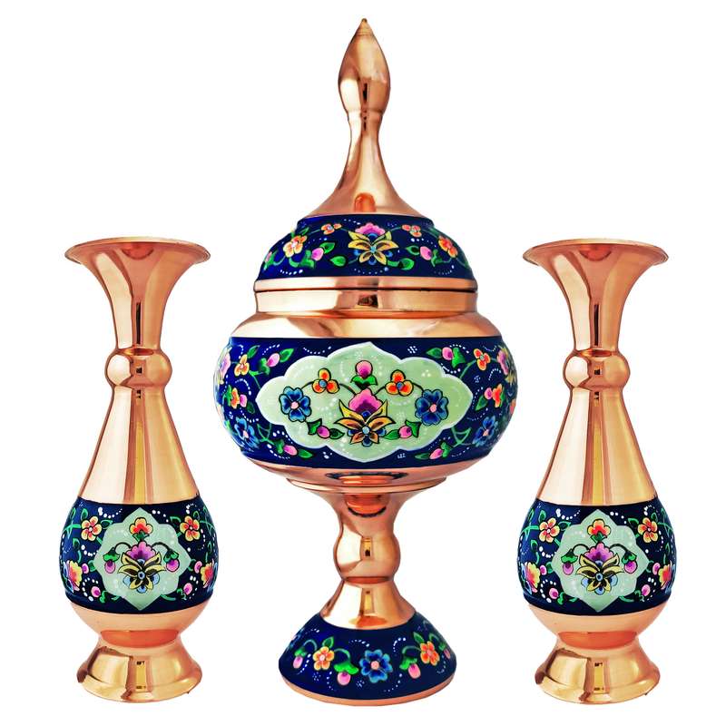  ست 3 تکه گلدان و شکلات خوری مسی مدل پرداز کد trj16