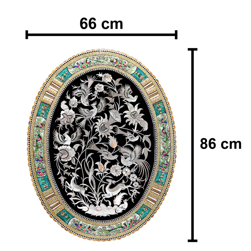 تابلو قلمزنی مدل الیپس قاب خاتم و نقاشی طرح گل و مرغ برجسته کد 86p66-4f4gr