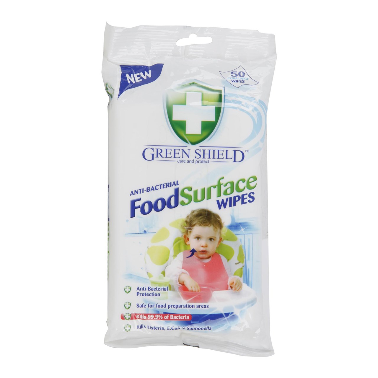 دستمال مرطوب پاک کننده سطوح بهداشتی گرین شیلد مدل Food Surface بسته 50 عددی