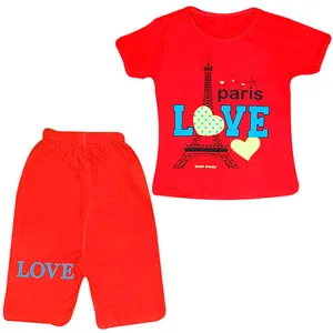 ست تی شرت آستین کوتاه و شلوارک دخترانه مدل Eiffel رنگ قرمز