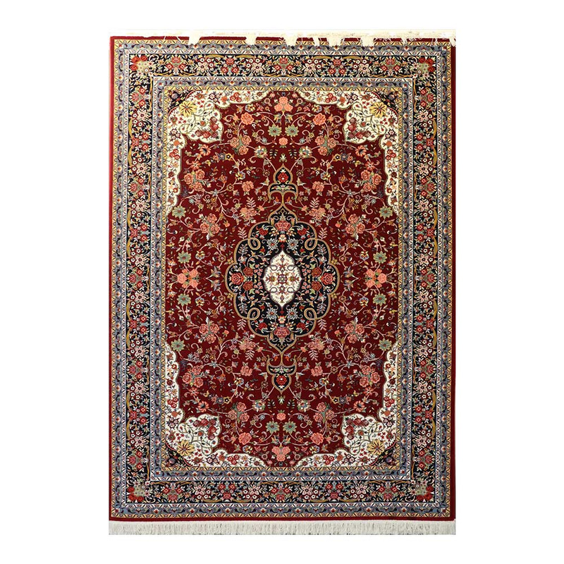 فرش ماشینی 700 شانه زمینه قرمز لاکی حاشیه کرم مدل شاهکار نوین کد YN-N083-2559