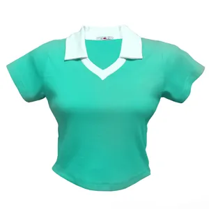 پولوشرت آستین کوتاه زنانه مدل کراپ یقه شکاری کد 63