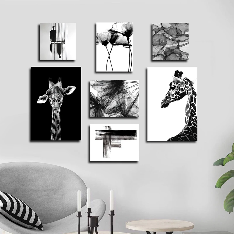 تابلو شاسی بکلیت طرح زرافه و نقاشی سیاه و سفید مدل SH-2992 مجموعه 7 عددی