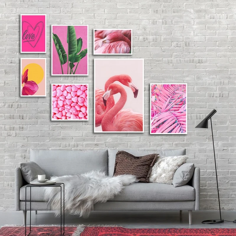 تابلو ساده بکلیت طرح فلامینگو و برگ مدل شاین اکلیلی W-2708 فریم سفید مجموعه 7 عددی