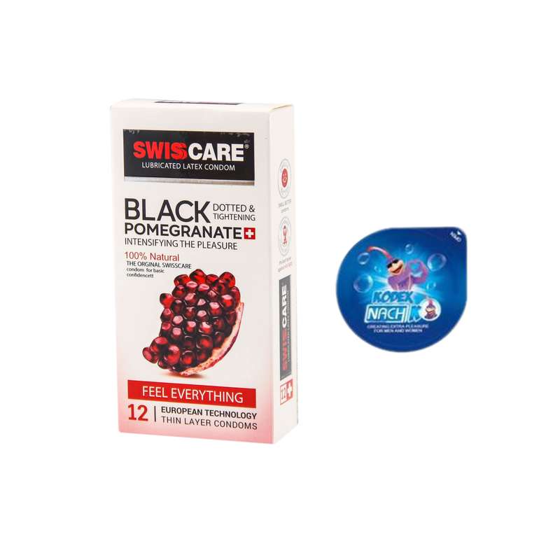 کاندوم سوئیس‌کر مدل Black Pomegranate بسته 12 عددی به همراه کاندوم ناچ کدکس مدل بلیسر