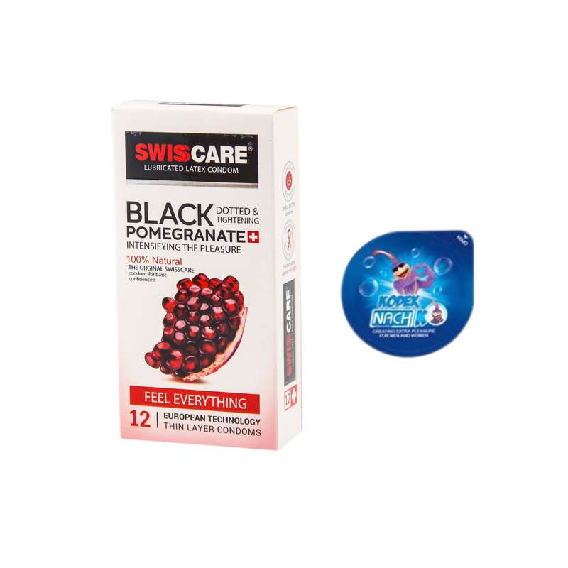 کاندوم سوئیس کر مدل Black Pomegranate بسته 12 عددی به همراه کاندوم ناچ کدکس مدل بلیسر