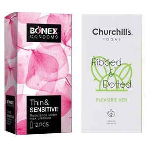 کاندوم چرچیلز مدل Pleasure Her بسته 12 عددی به همراه کاندوم بونکس مدل Thin & Sensitive بسته 12 عددی 