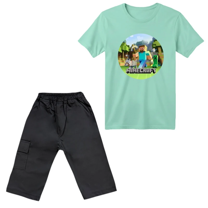 ست تی‌شرت آستین کوتاه و شلوارک پسرانه مدل ماینکرفت کد 3 رنگ سبز روشن