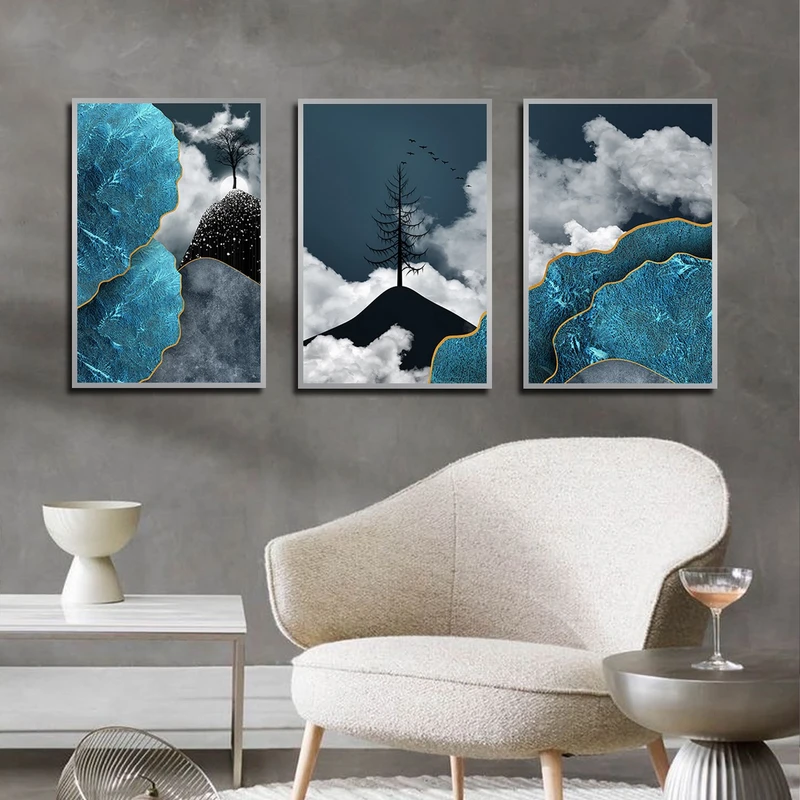تابلو بکلیت طرح نقاشی انتزاعی کوه و درخت مدل SI-3146 مجموعه 3 عددی
