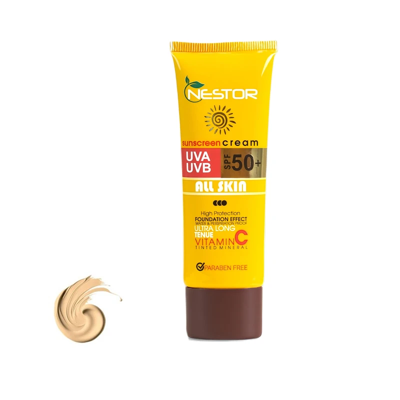 کرم ضد آفتاب رنگی نستور SPF 50 مدل All skin  1 محافظ UVB و UVA و PA+++ مناسب برای انواع پوست خشک و نرمال حجم 50 میلی لیتر