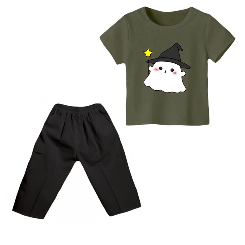 ست تی شرت و شلوارک پسرانه مدل روح رنگ سبز