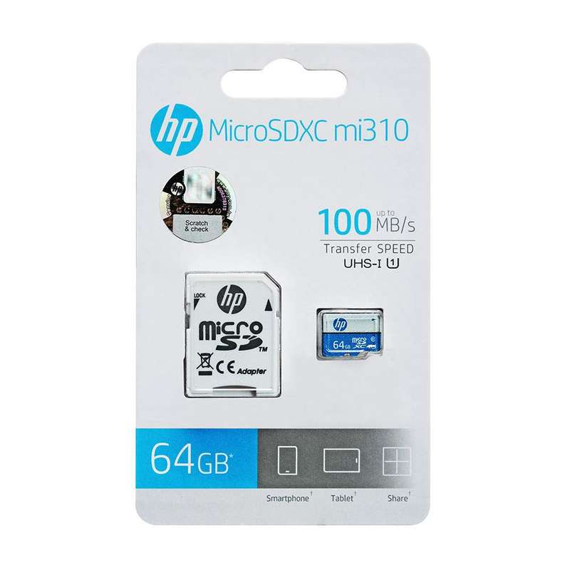 کارت حافظه microSDXC اچ پی مدل MI310 استاندارد UHS-I U1 سرعت 100MBps ظرفیت 64 گیگابایت به همراه آداپتور SD