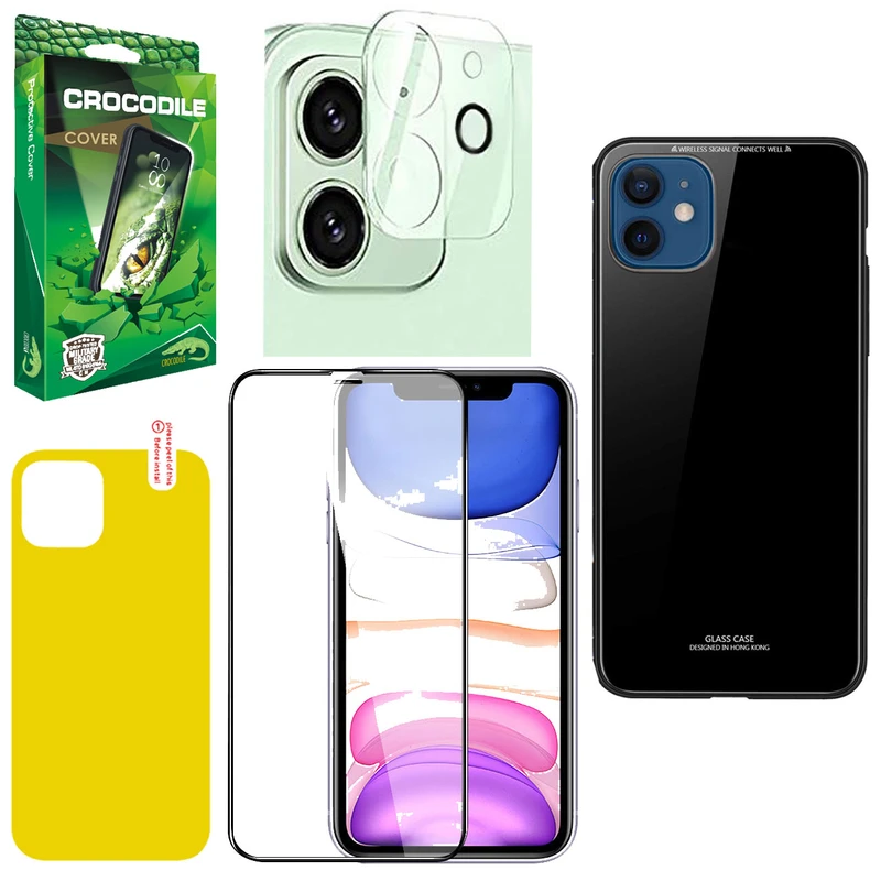 کاور کروکودیل مدل C-PSHT-GLS مناسب برای گوشی موبایل اپل Iphone 12 به همراه محافظ صفحه نمایش گوشی و برچسب محافظ پشت و محافظ لنز دوربین