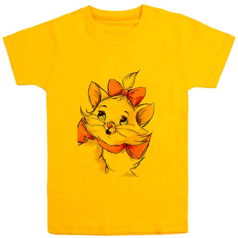 تی شرت آستین کوتاه دخترانه مدل گربه D123 رنگ زرد