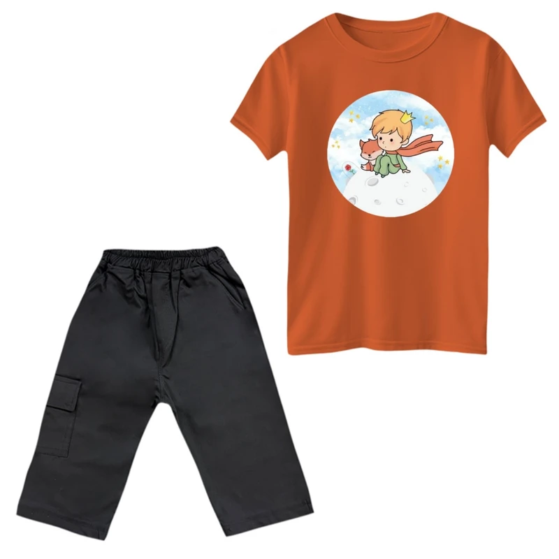 ست تی‌شرت و شلوارک پسرانه مدل شازده کوچولو و روباه کد 8 رنگ نارنجی