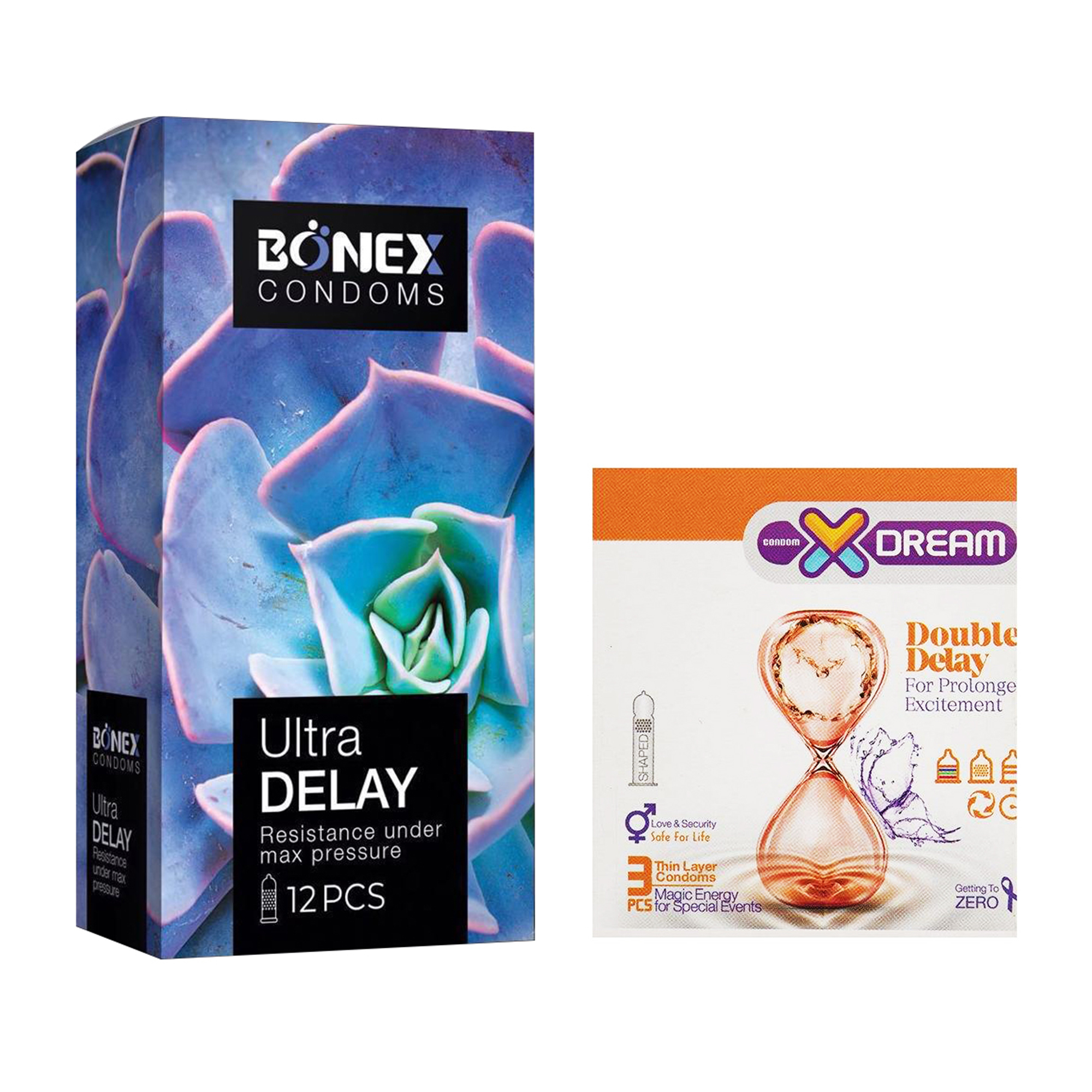 کاندوم بونکس مدل Ultra Delay بسته 12 عددی به همراه کاندوم ایکس دریم مدل Double Delay بسته 3 عددی