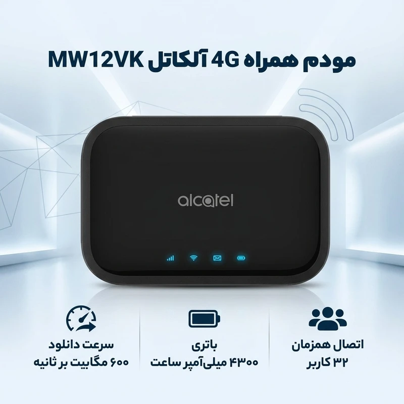 عکس شماره 3 : مودم همراه 4g آلکاتل مدل mw12vk با پشتیبانی cat12، سرعت دانلود 600 و آپلود 100 مگابیت بر ثانیه، اتصال همزمان 32 کاربر، باتری 4300 میلی آمپر ساعت و اتصال بی سیم و باسیم