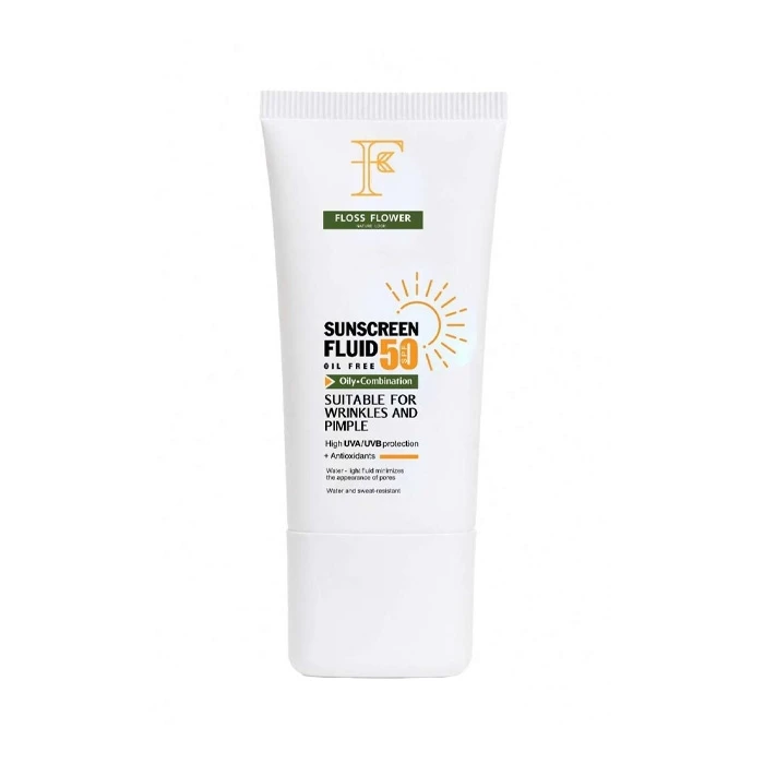 فلوئید ضد آفتاب بی‌رنگ فلوس فلاور SPF 50 مدل زودجذب  محافظ UVA و UVB ‌مناسب برای پوست چرب حجم 50 میلی‌لیتر
